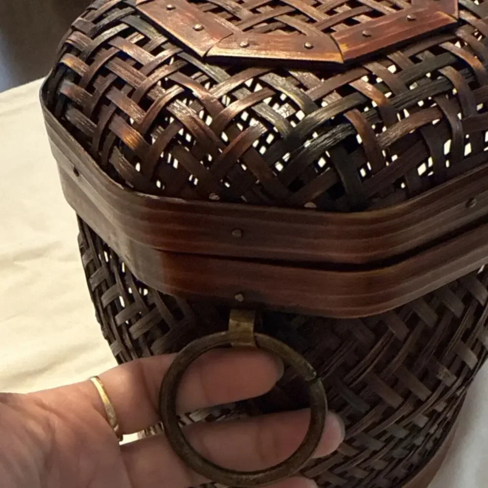Wooden Octagonal Woven Storage Basket with Lid and Latch, 10.5 in Natural Brown